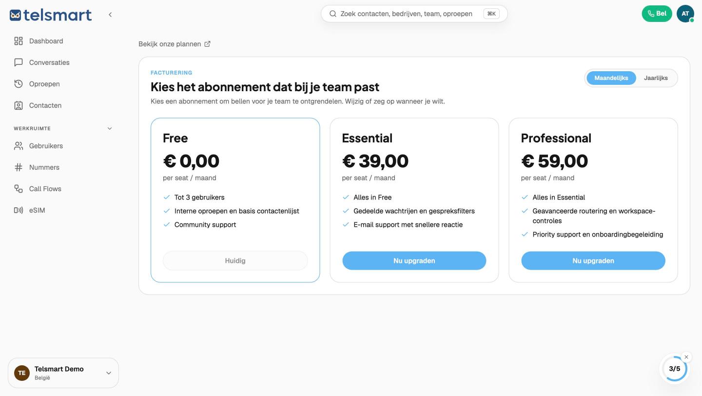 De abonnementen, met Free als huidig abonnement.