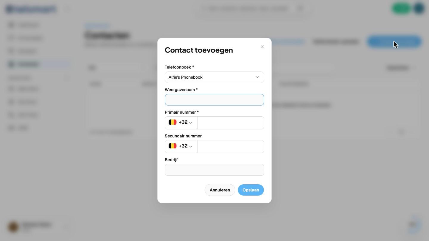 De modal Contact toevoegen, met telefoonboek vooraf ingevuld.