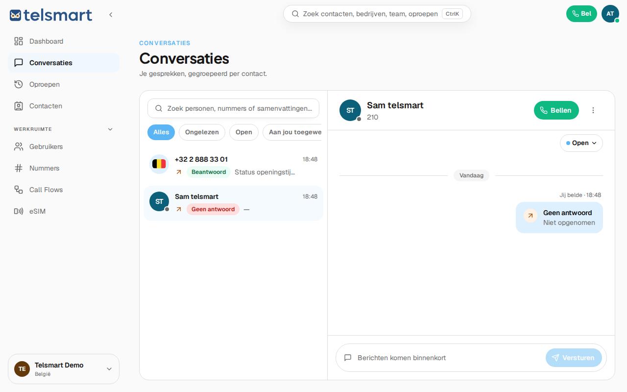 Een gemiste oproep in Conversaties, zonder AI-samenvatting.