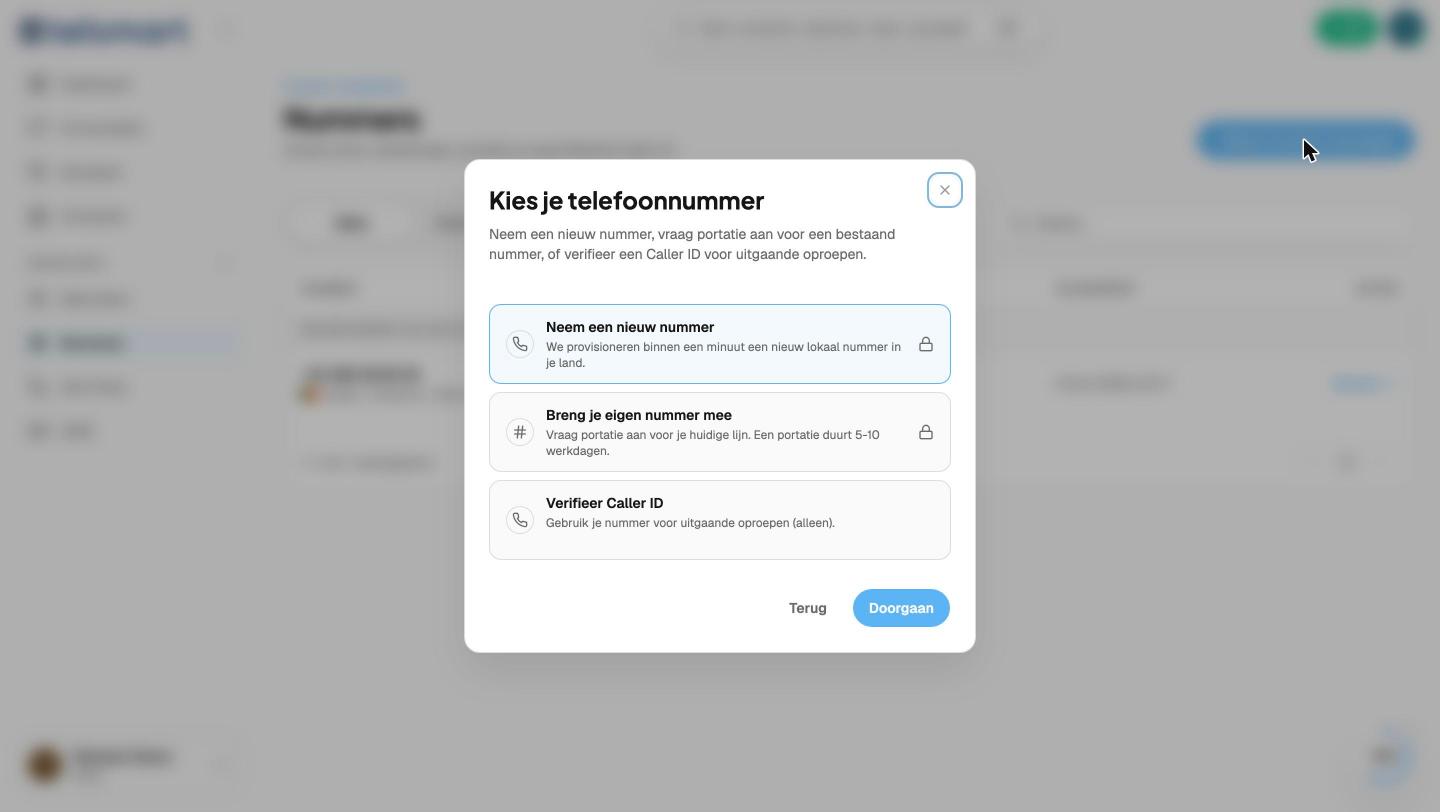Modal "Kies je telefoonnummer" met de drie opties.