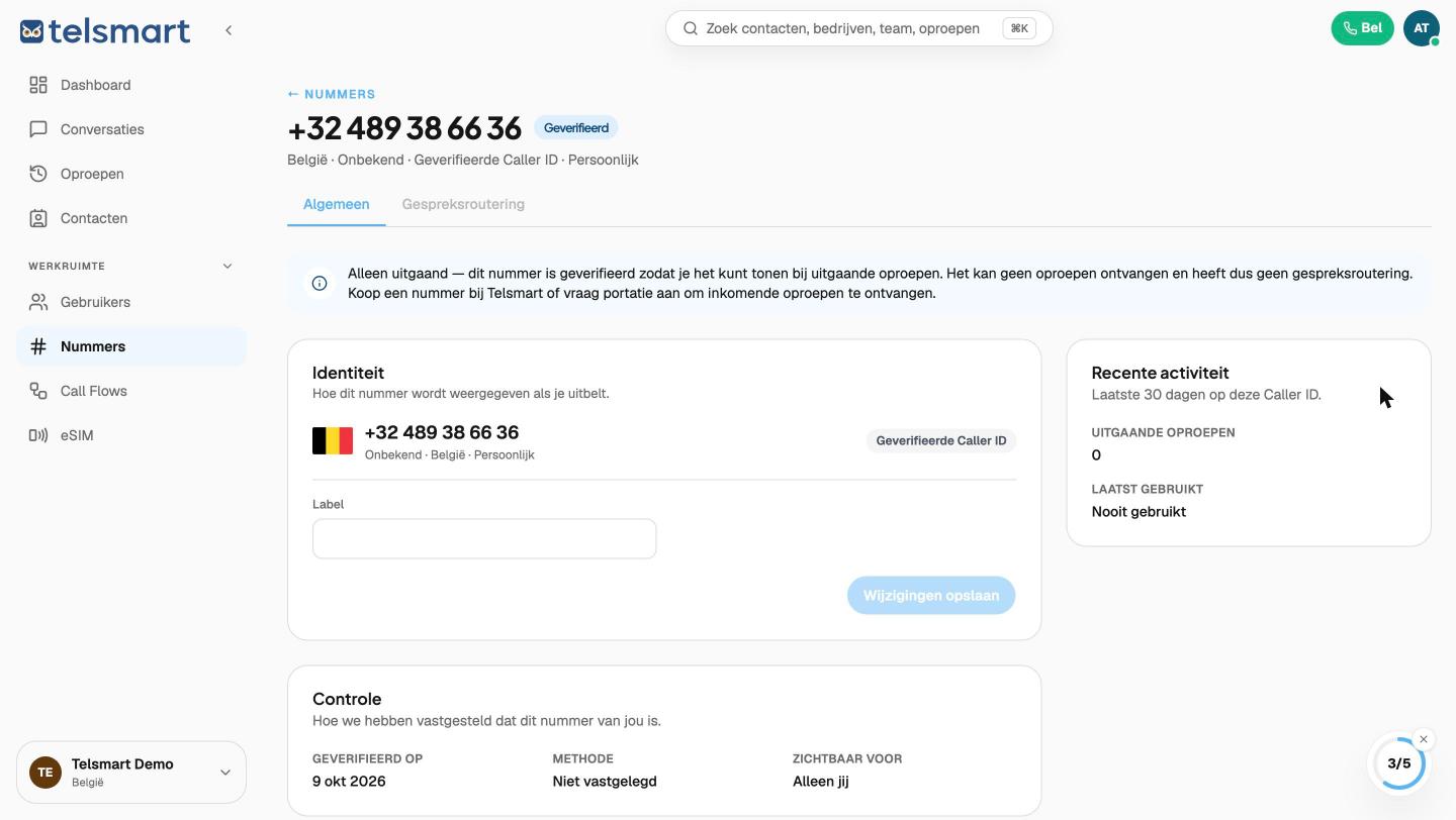 Nummerdetail met melding "Alleen uitgaand" en het tabblad Gespreksroutering uitgegrijsd.
