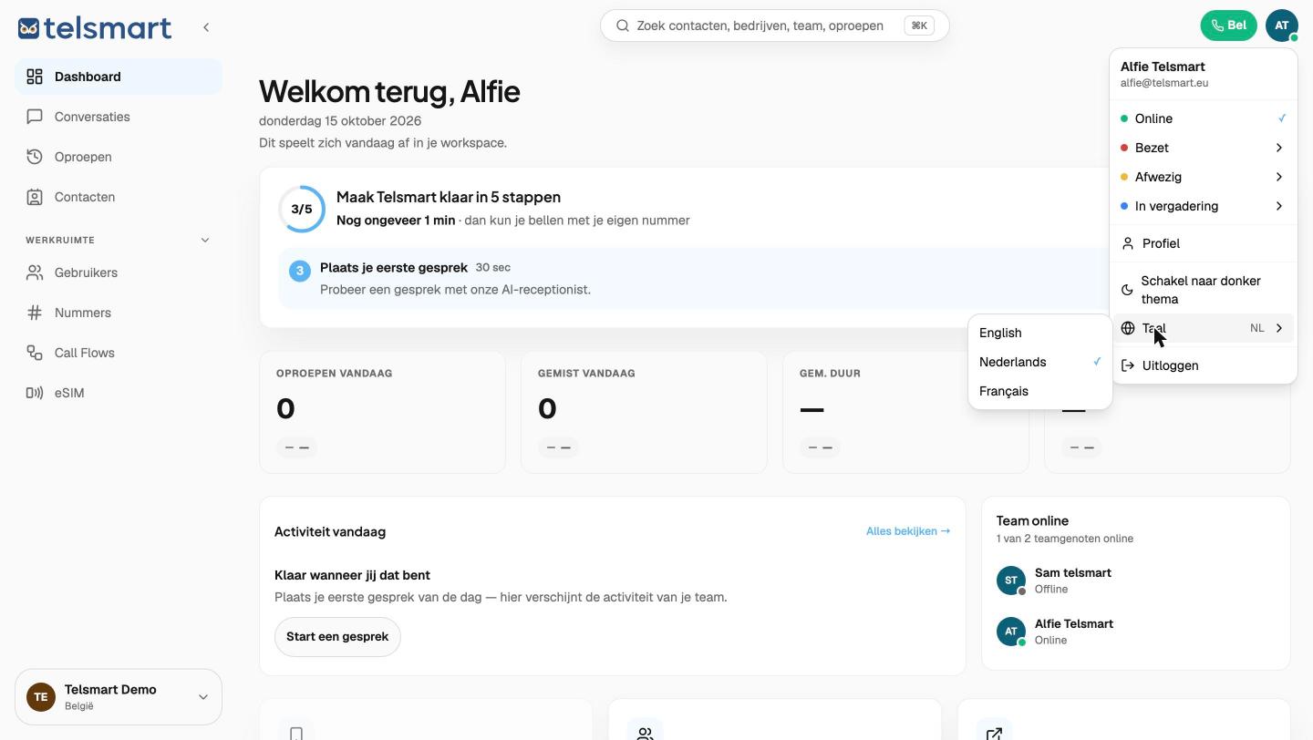 Het taal-submenu, met een vinkje bij de actief gekozen taal.