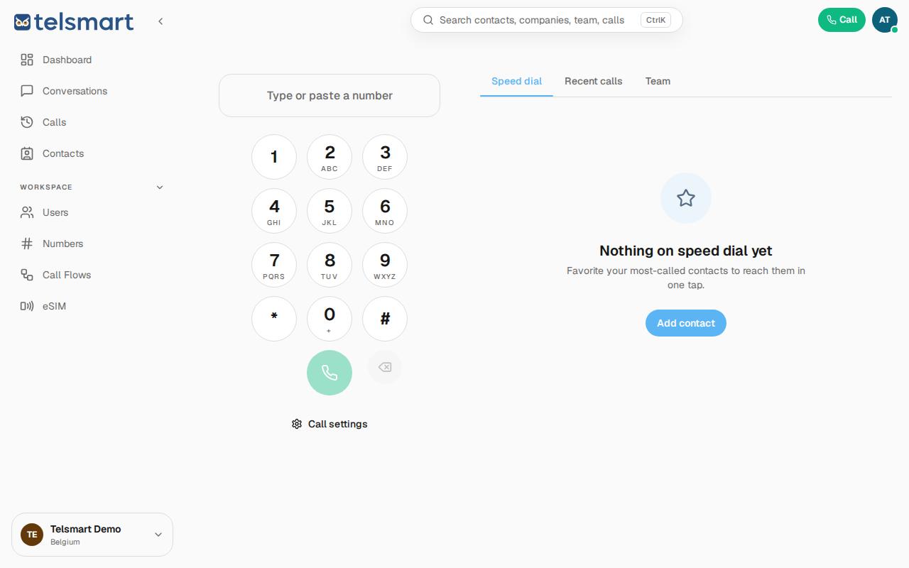 The calling screen with the Speed dial, Recent calls and Team tabs.