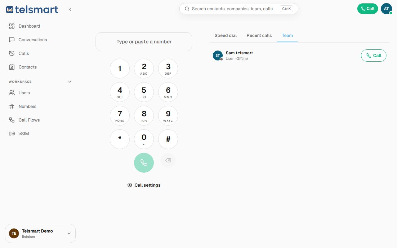 The calling screen with the Team tab open.
