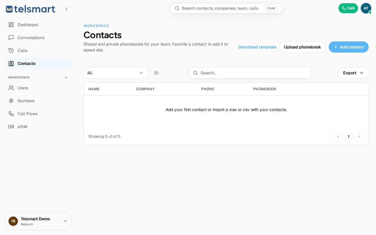 The Contacts page with the Download template and Upload phonebook options.