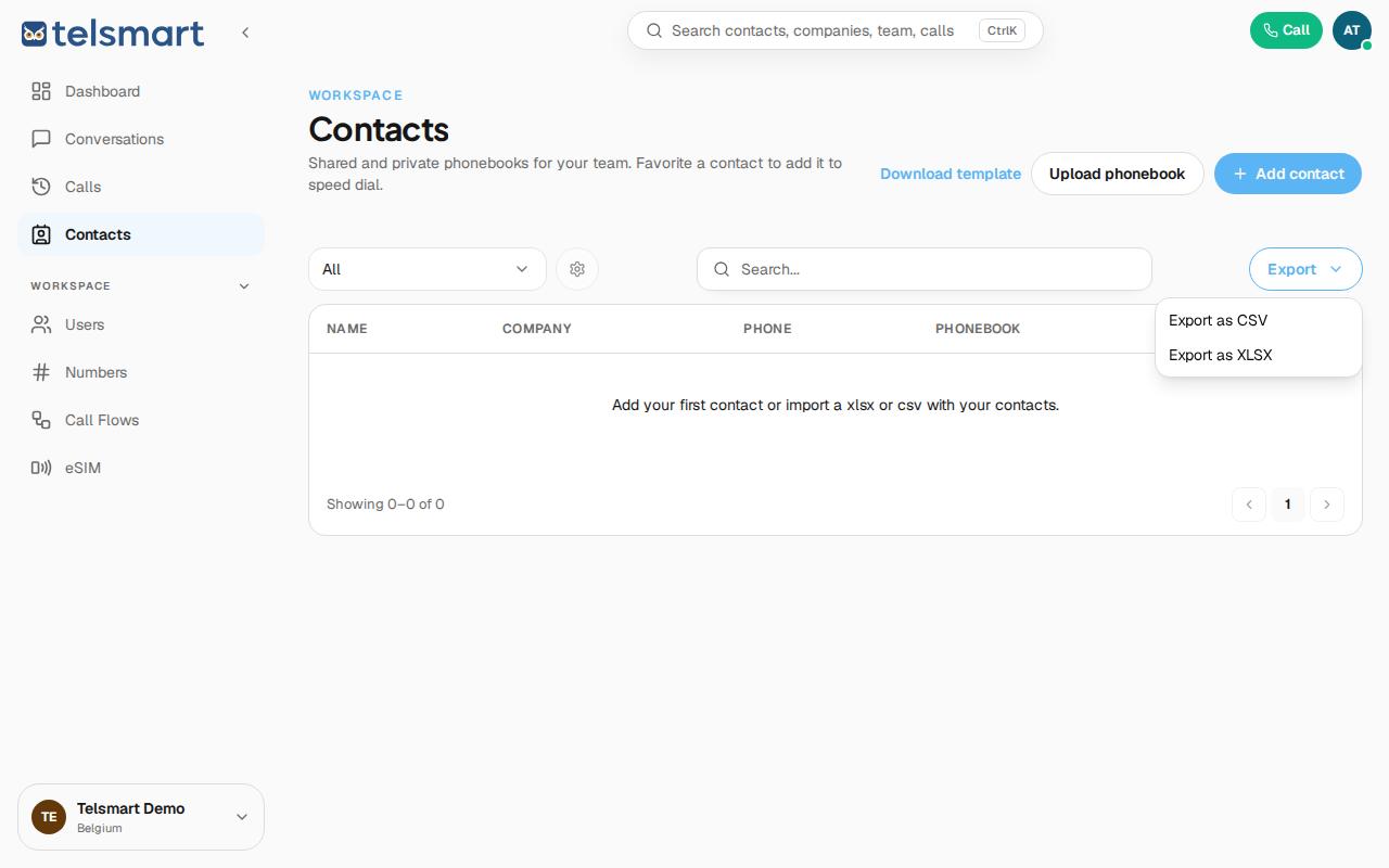 The Export dropdown with the CSV and XLSX options.