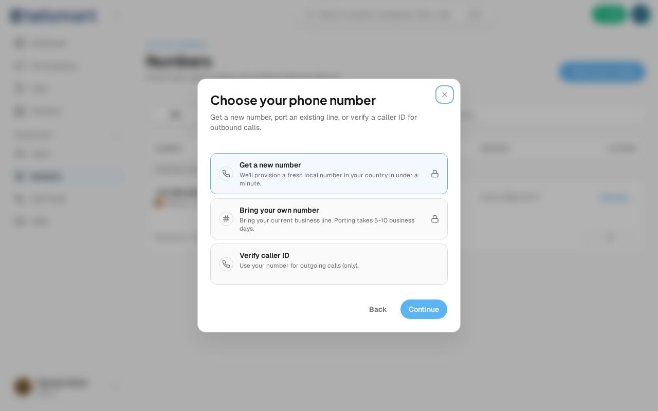 The "Choose your phone number" modal with the three options.