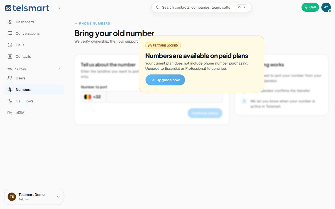 The Bring your old number porting page, with the steps alongside it.